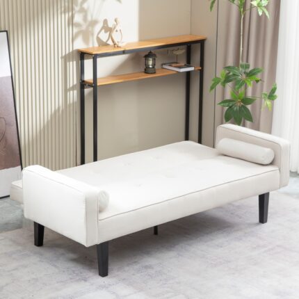 Classic Style Convertible Multi-functional Square-arm Sleeper Sofa, Multi-angle Adjustable Backrest With 2 Round Pillows - Image 2