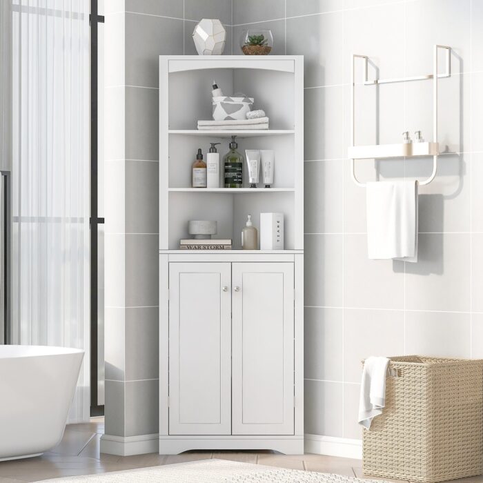 64" Wood 2-door Bathroom Cabinet with Exterior Shelves
