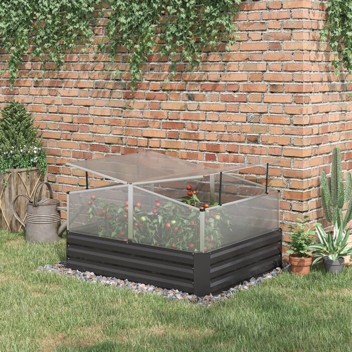 Outsunny Galvanized Raised Garden Bed Kit with Polycarbonate Mini Greenhouse, Metal Planter Box