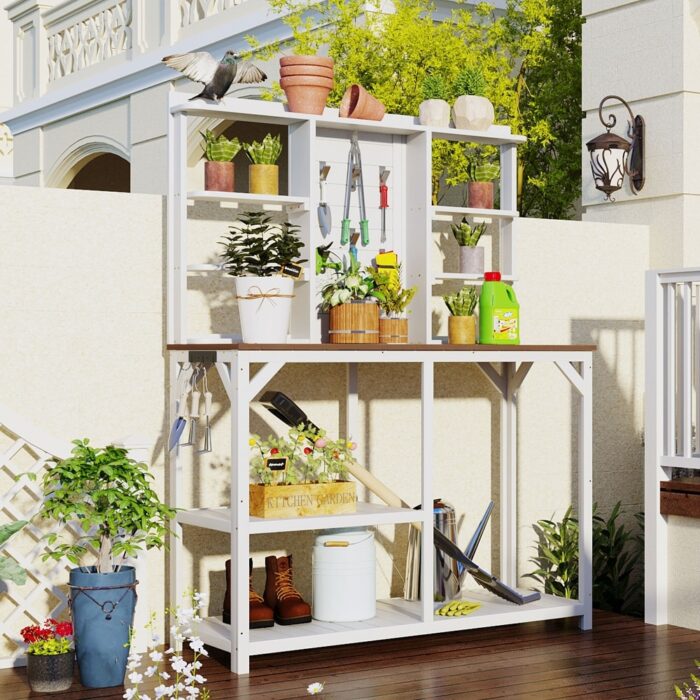Outdoor Potting Bench, Garden Potting Table, Wood Workstation with 6-Tier Shelves, Side Hook - Image 2