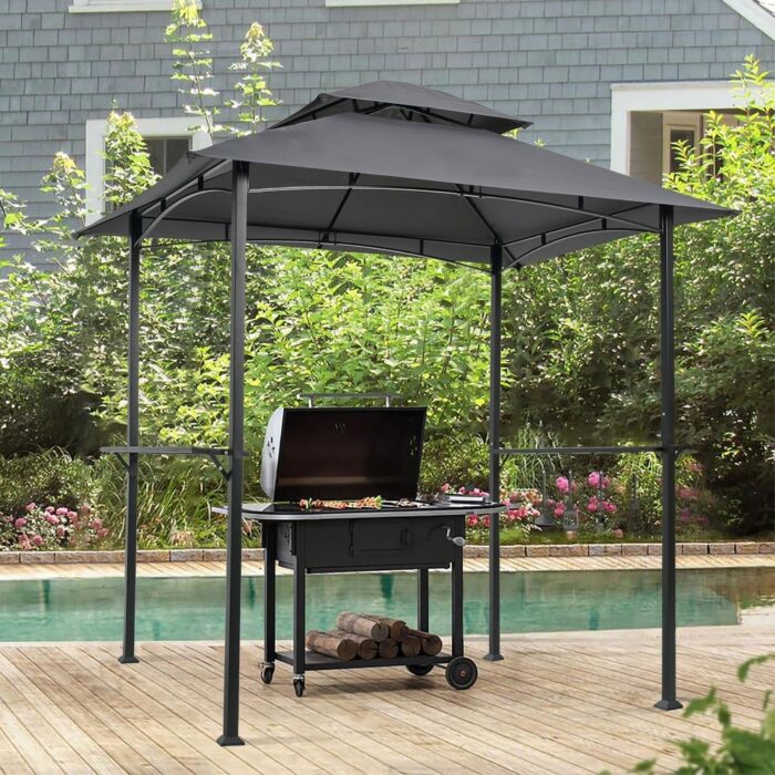 Gray All-Season 8x5 ft BBQ Gazebo with Double-Tier Canopy, Steel Frame