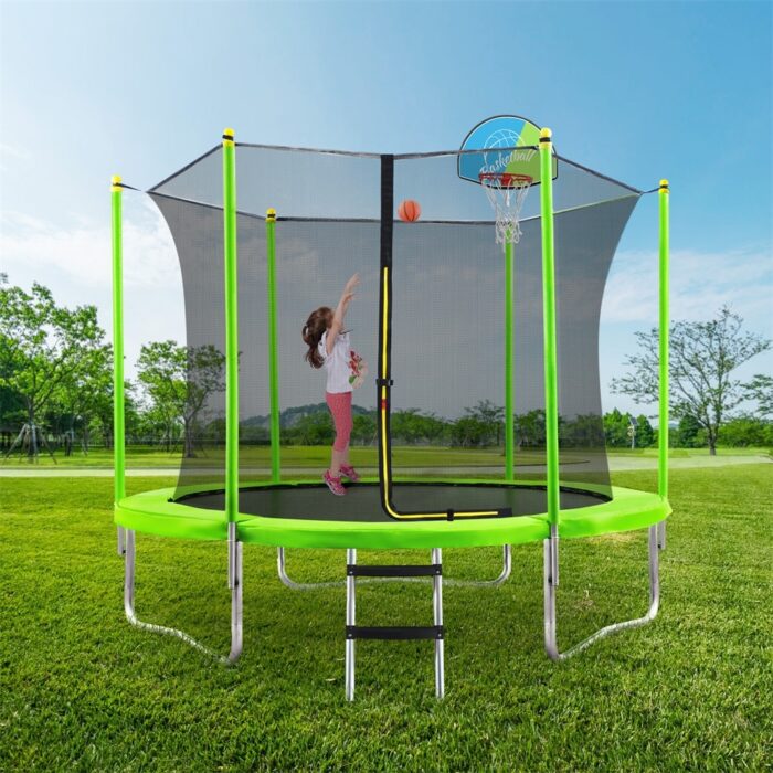 Trampoline for Kids w/Safety Enclosure Net,Basketball Hoop and Ladder - Green