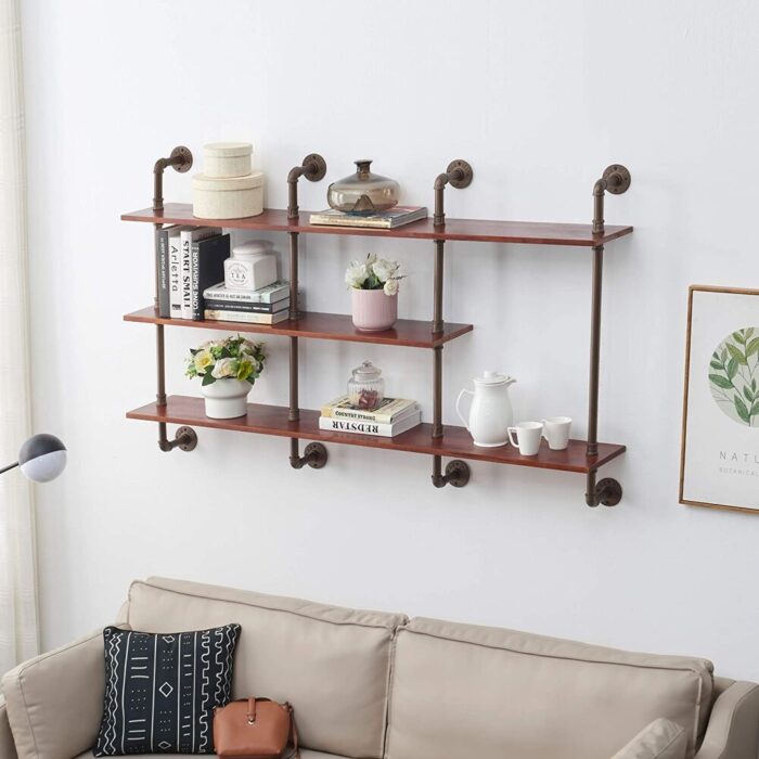 MCombo 3-tier Industrial Pipe Wall Shelf, Solid Wood - Image 2