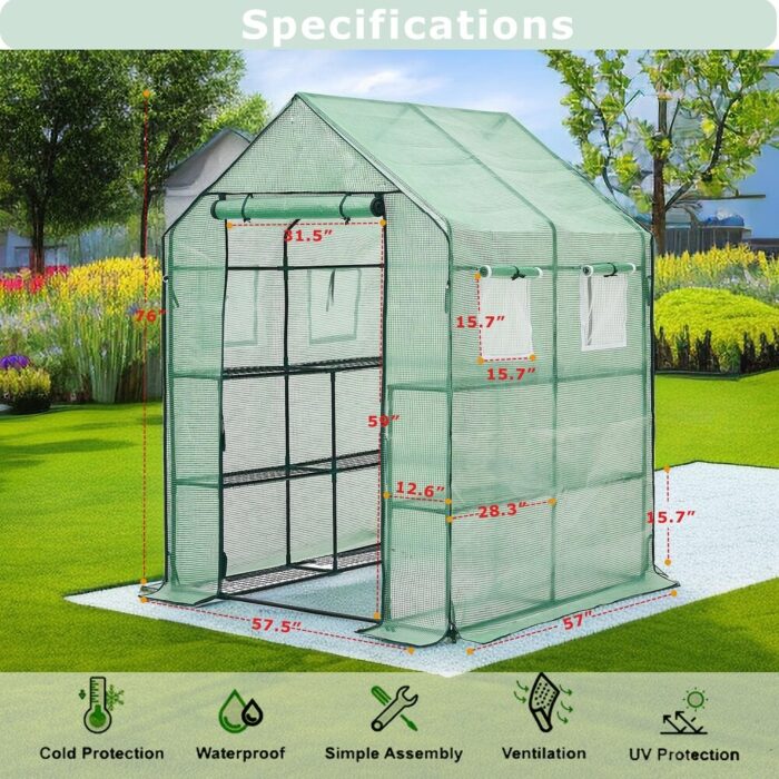 Walk-in Greenhouse Thickened PE Cover Heavy Duty Powder-Coated Steel, Mesh Door Screen Windows, 14 Sturdy Shelves 4.7x4.7x6.4 FT - Image 2
