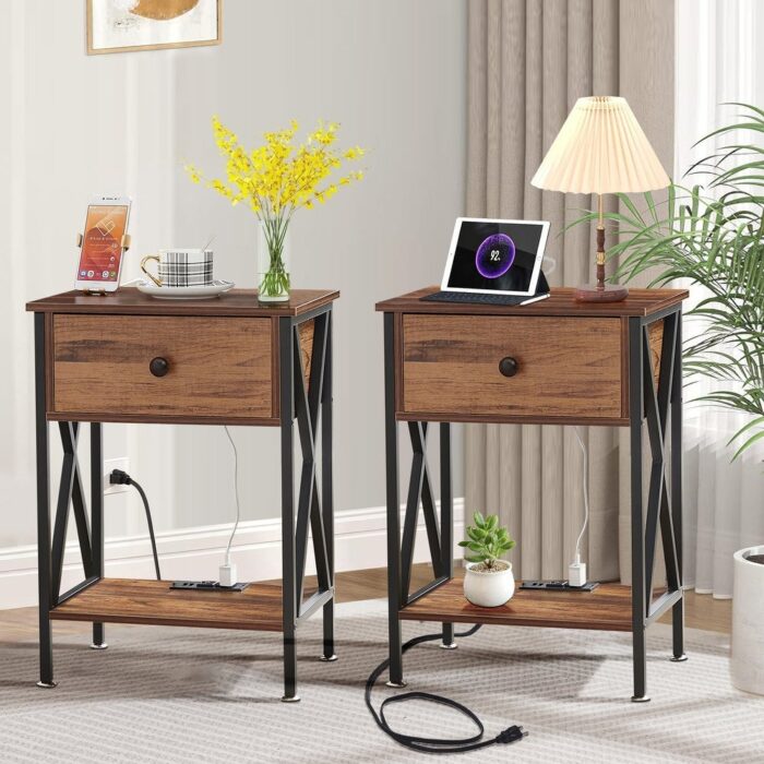 Mid Century Modern Nightstand Set of 1/2 with Charging Station and USB Port