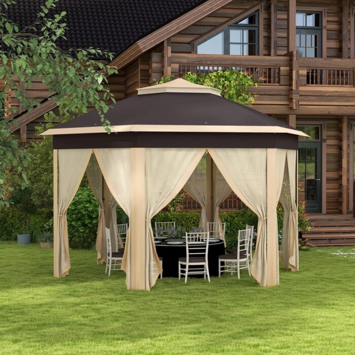 Outsunny 13' x 13' Pop Up Gazebo, Hexagonal Canopy Shelter with 6 Zippered Mesh Netting, Event Tent with Strong Steel Frame