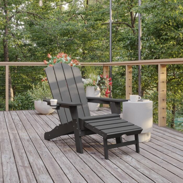 Commercial All-Weather Adirondack Chair with Pullout Ottoman & Cupholder