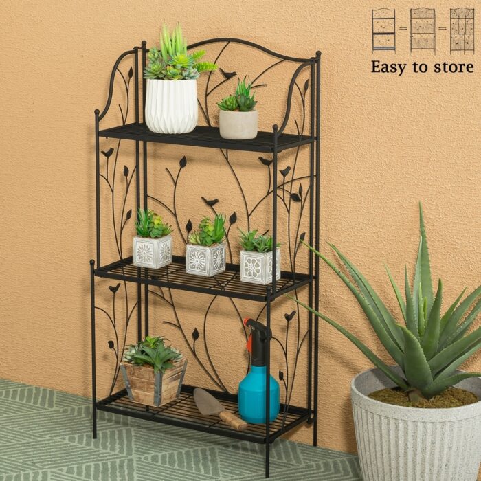 Glitzhome 3 or 4-Tiers Multifunctional Metal Plant Shelving Bakers Rack Planter Stands Flower Pot Shelf One-step Fordable Design