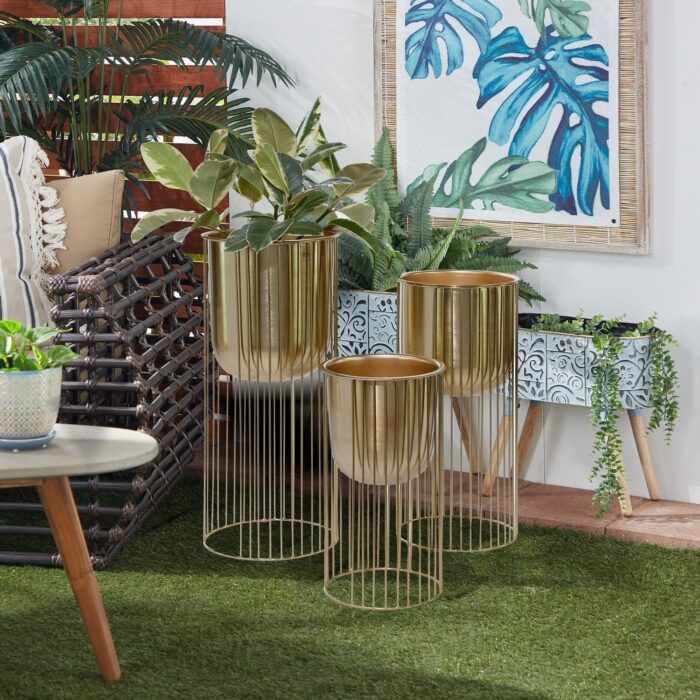 Gold Metal Deep Recessed Dome Planter with Elevated Caged Stand (Set of 3) - Image 2