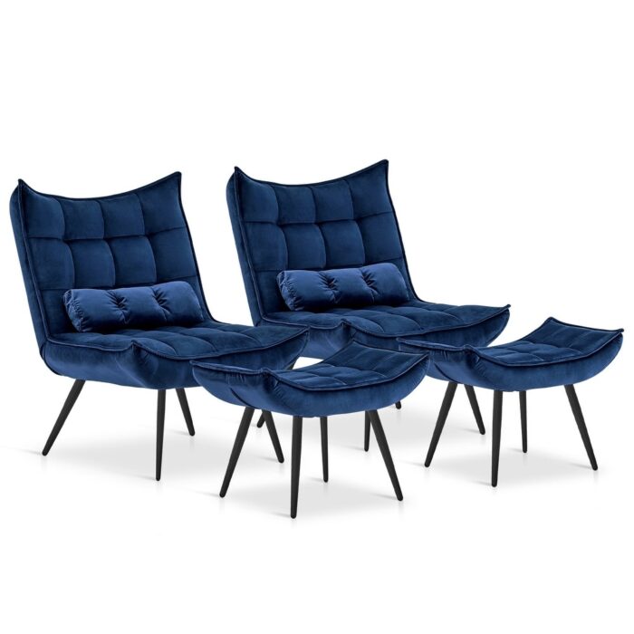 MCombo set of 2 Accent Chair with Ottoman, Velvet Tufted Wingback Chair, Upholstered Chairs for Bedroom Living Room 4079