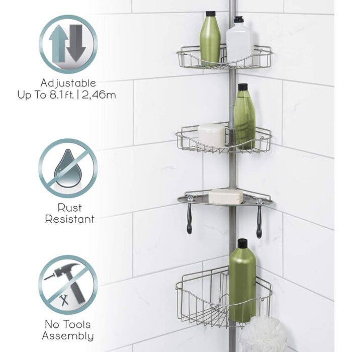 Tension Pole Shower Caddy, 3 Basket Shelves with Soap Tray, Adjustable, 60 to 97 Inch, Satin Nickel - Image 2