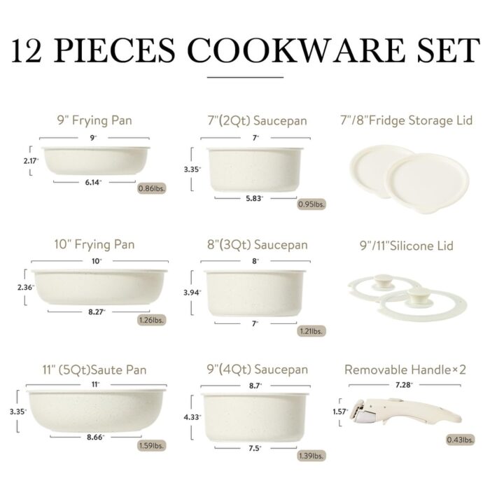 12pcs Pots and Pans Set, Nonstick Cookware Set Detachable Handle, Kitchen Cookware Sets, RV Cookware Set, Dishwasher/Oven Safe - Image 2