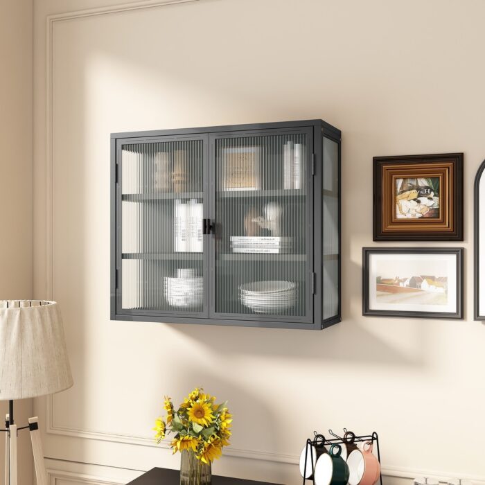 27.56"Glass Doors Modern Two-door Wall Cabinet with Featuring Three-tier Storage for Entryway Living Room - N/A