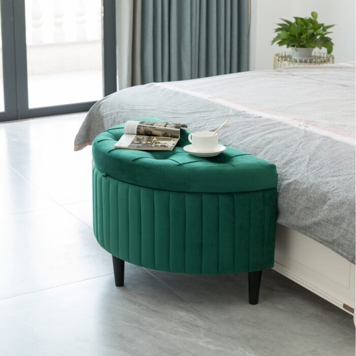 Half Moon Modern Velvet Tufted Storage Ottoman Bench, Green - Image 2