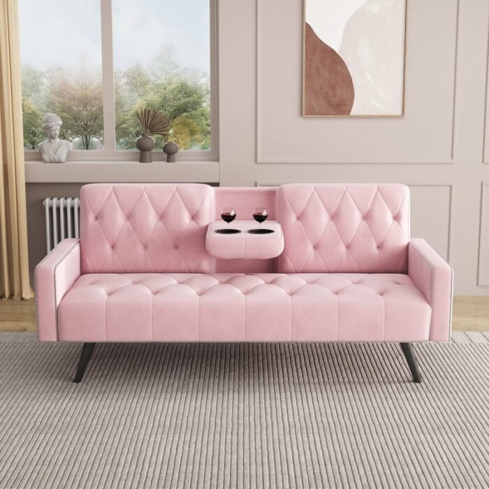 72" Velvet Daybed with Nail Head Trim and Cup Holders
