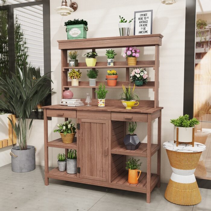 Outdoor Farmhouse Wooden Potting Bench Table, Garden Workstation with 2 Drawers