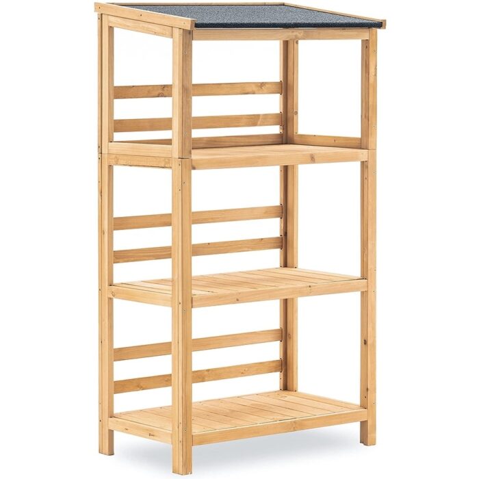 Mcombo Outdoor Wood Garden Shelf with Roof, 3 Tier Wooden Ladder Shelf Plant Stand for Patio, Garden, and Balcony - N/A