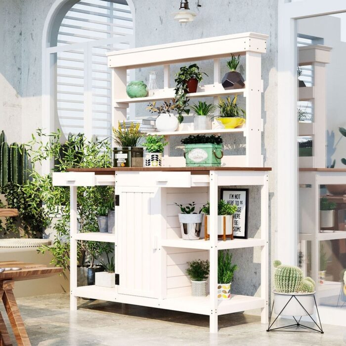 66" Wooden Rustic Potting Bench Table, Storage Cabinet Garden Shed with 2 Drawers, Cabinet and Open Shelves