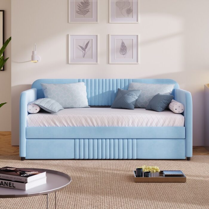 Sofa Bed,Upholstered Daybed Sofa Bed Twin Size With Trundle Bed and Wood Slat,Sleeper Sofa - Image 2