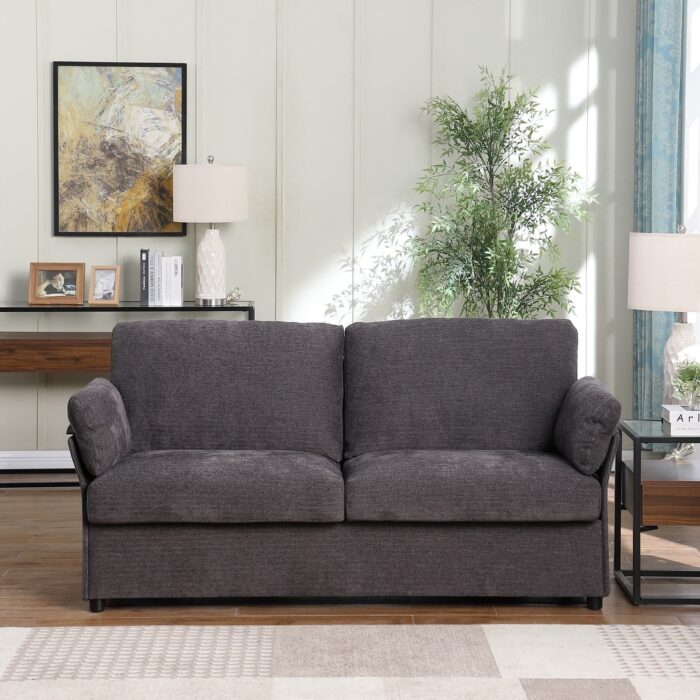 Living Room Deep Seat Loveseat, Chenile Fabric Upholstered 2 Seater Sofa with Solid Wood Frame and Flared Arms