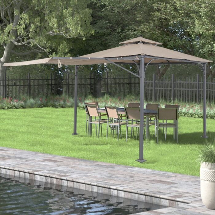 Patio 9.8ft.L x 9.8ft.W Gazebo with Extended Side Shed/Awning and LED Light for Backyard,Poolside, Deck, Brown - Image 2