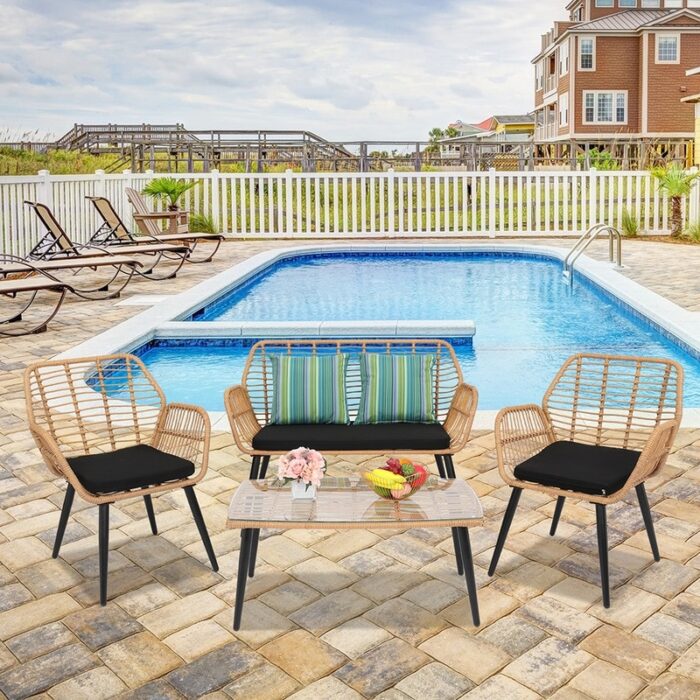 Patio 4-Piece PE Rattan Conversation Set with Black Cushions