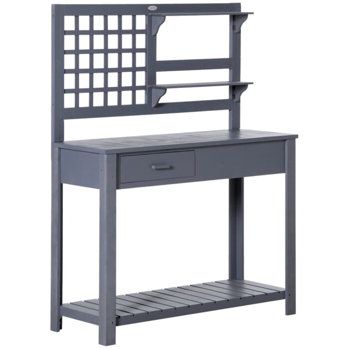 Outsunny Potting Bench Table, Garden Work Bench, Wooden Workstation with Tiers of Shelves and Drawer for Patio, Courtyards - Image 2