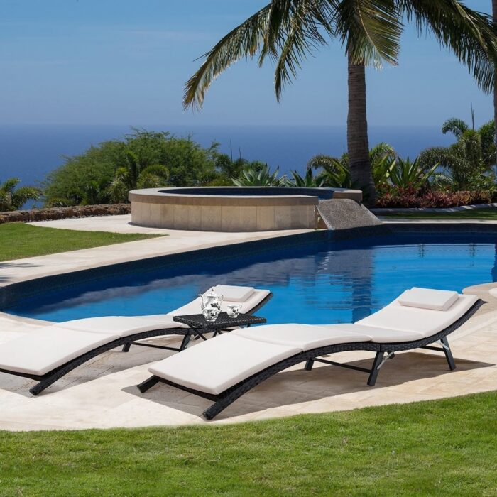 Homall 3 Pieces Patio Chaise Lounge with Removable Cushions Unadjustable Wicker Folding Chaise Lounge with Folding Table - Image 2