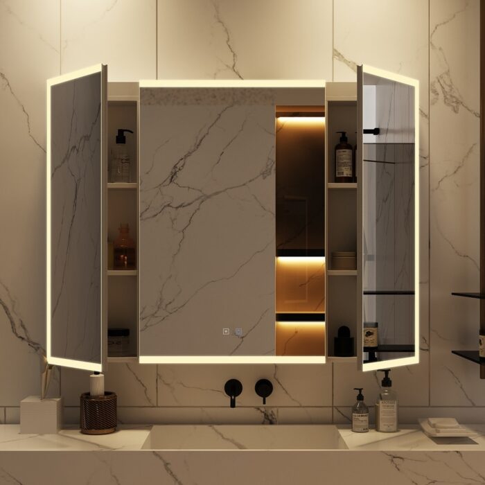 Sleek Anti-Fog Bathroom Medicine Cabinet with Dimmable LED Lights - 45.9"