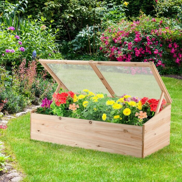 Wood Garden Greenhouse Bottomless Planter Raised Bed with Flip Top Lid