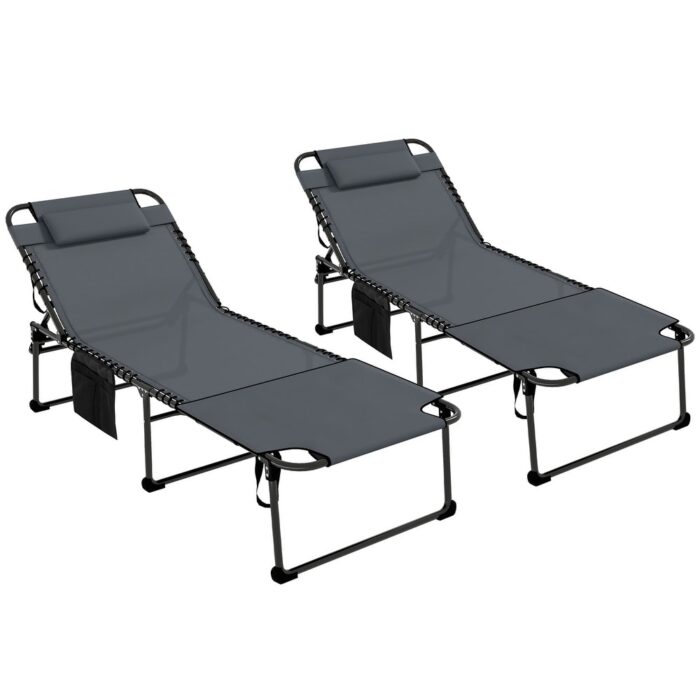Outsunny 2 Piece Folding Chaise Lounge with 5-level Reclining Back, Outdoor Tanning Chair with Reading Face Hole - Image 2