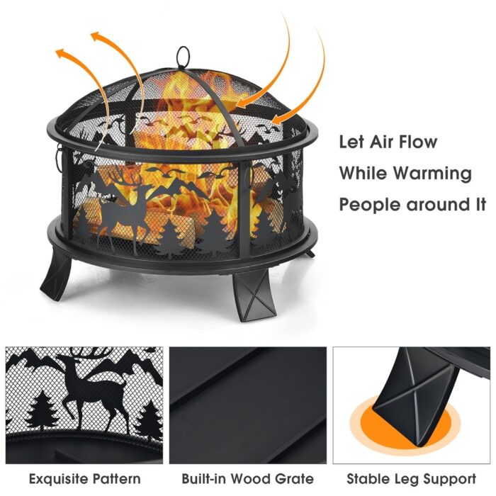 26" Outdoor Fire Pit Wood Burning Metal Firepit Bowl with Spark Screen - Image 2