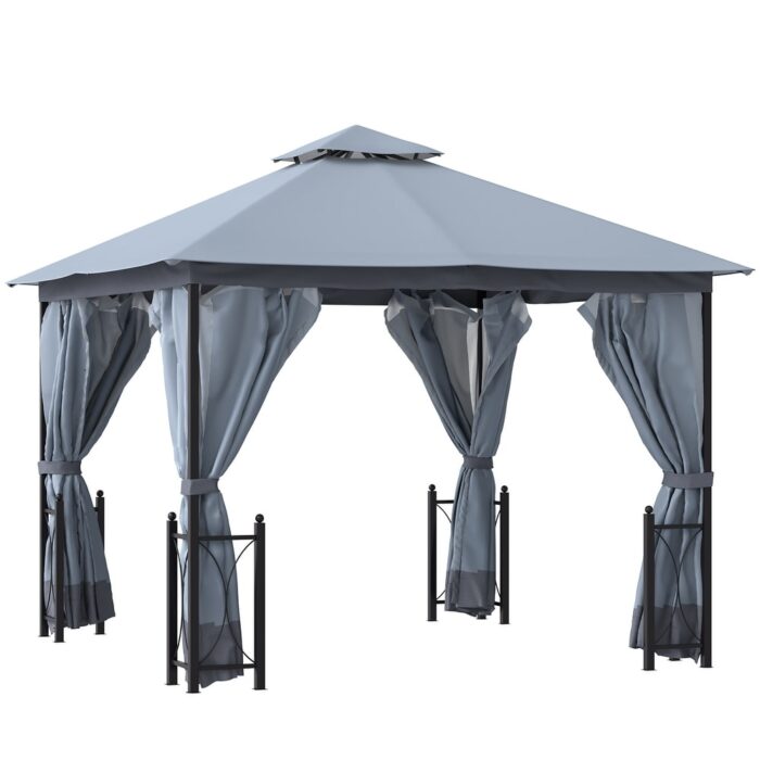 Outsunny 13' x 11' Patio Gazebo Canopy Garden Tent Sun Shade, Outdoor Shelter with 2 Tier Roof, Netting and Curtains - Image 2
