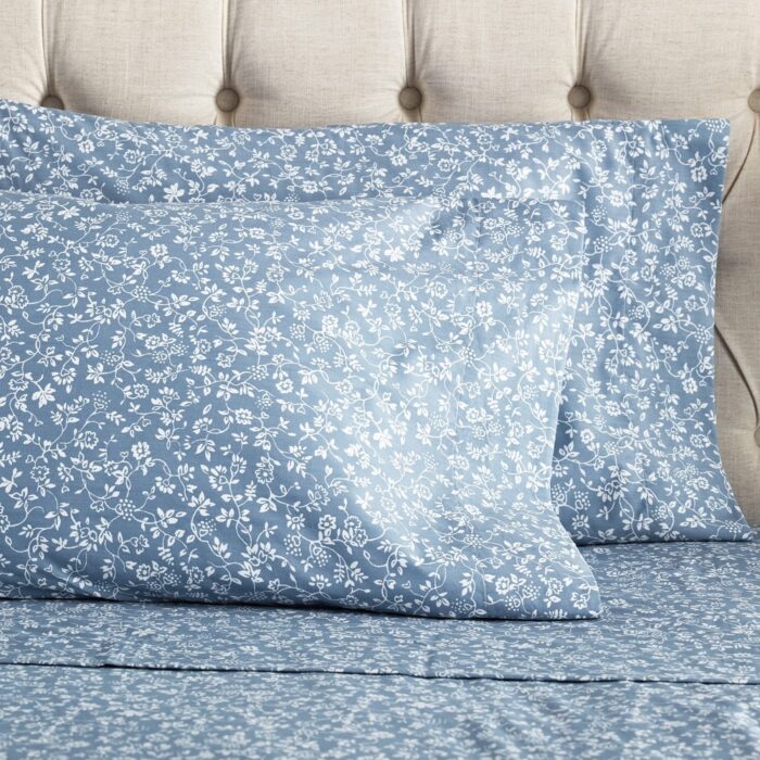 4-Piece Count Blue Floral Print Cotton Blend Bed Sheet Set