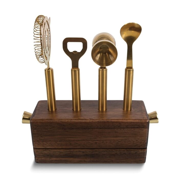 Curata Brass-Toned Metal Acacia Wood 5 Piece Sidecar Bar Tool Set - Includes WaiterS Corkscrew Jigger Spoon Strainer Bottle