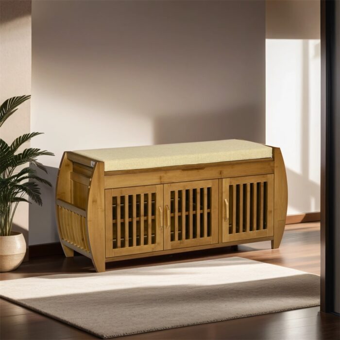 Bamboo Entryway Shoe Bench with Storage Cabinets, Seating Cushion