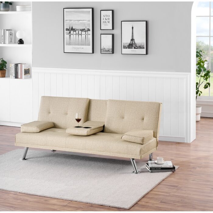 Multifunctional Sleeper Loveseat Sofa Convertible Leather Recliner Loveseat Folding Sofa Bed w/ Console, Removable Arms, Beige - Image 2
