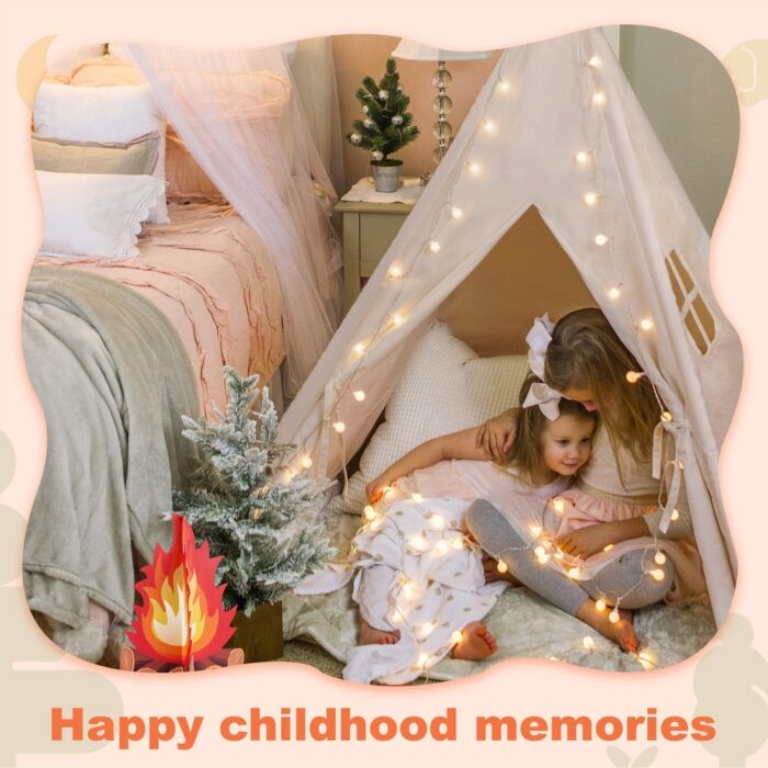 Natural Cotton Canvas Toddler Tent with Lights & Campfire Toy & Carry Case - Beige - Image 2