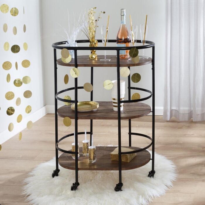 Black and Rustic Brown 3-Tier Bar and Serving Cart