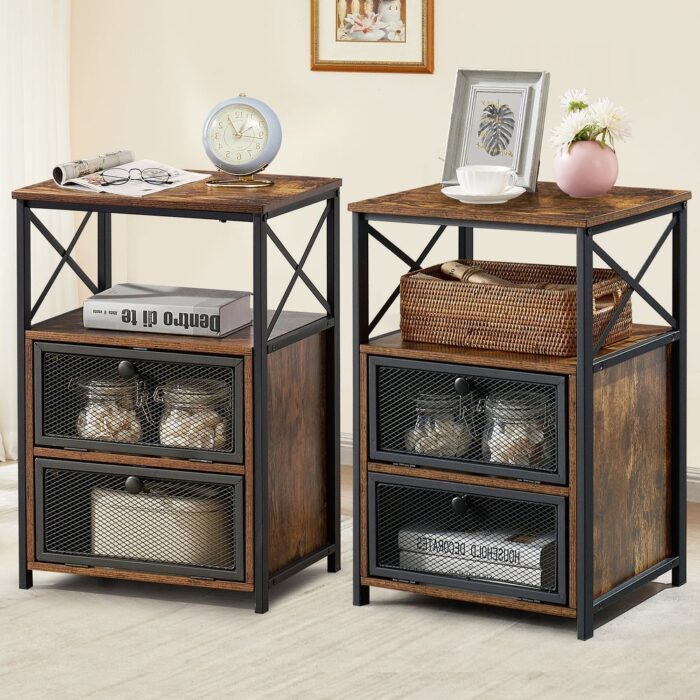 VECELO Modern End Table with 3-tier Storage Shelves, Nightstands with Charging Station(Nightstand Set of 2)