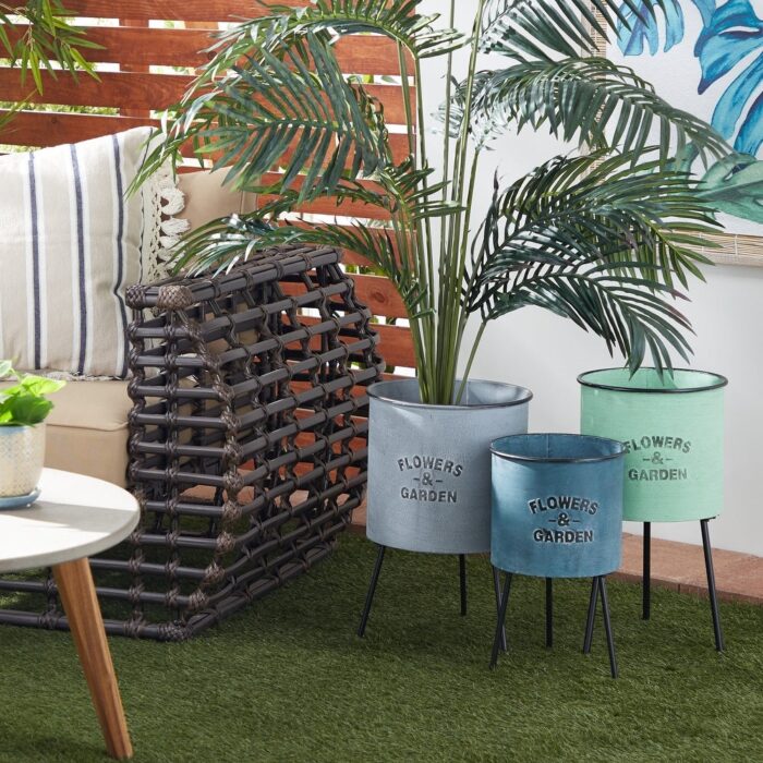 Multi Colored Metal Indoor Outdoor Planter with Flowers And Garden Text (Set of 3) - 12 x 12 x 20Round