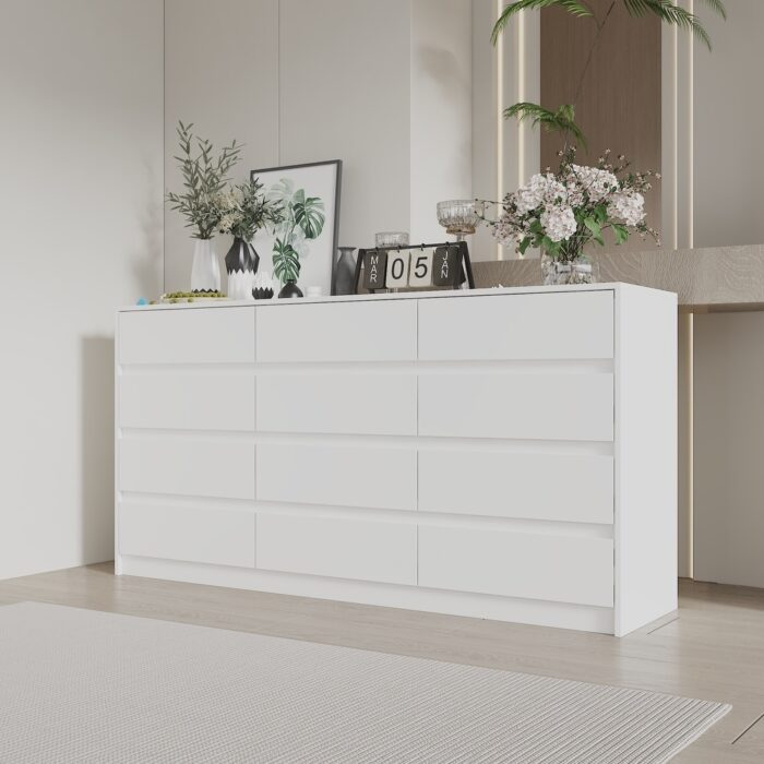 63" Chest of Drawers White Dresser No Handle, Modern 12 Drawer Dresser - Image 2
