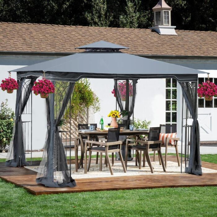 Gray 10x10 ft Patio Canopy Gazebo with Double-Tier Roof, Mesh Screens