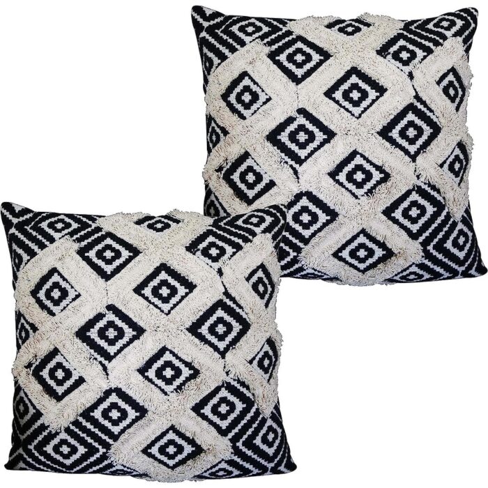 18 x 18 Handcrafted Square Jacquard Soft Cotton Accent Throw Pillow, Diamond Pattern, White, Black