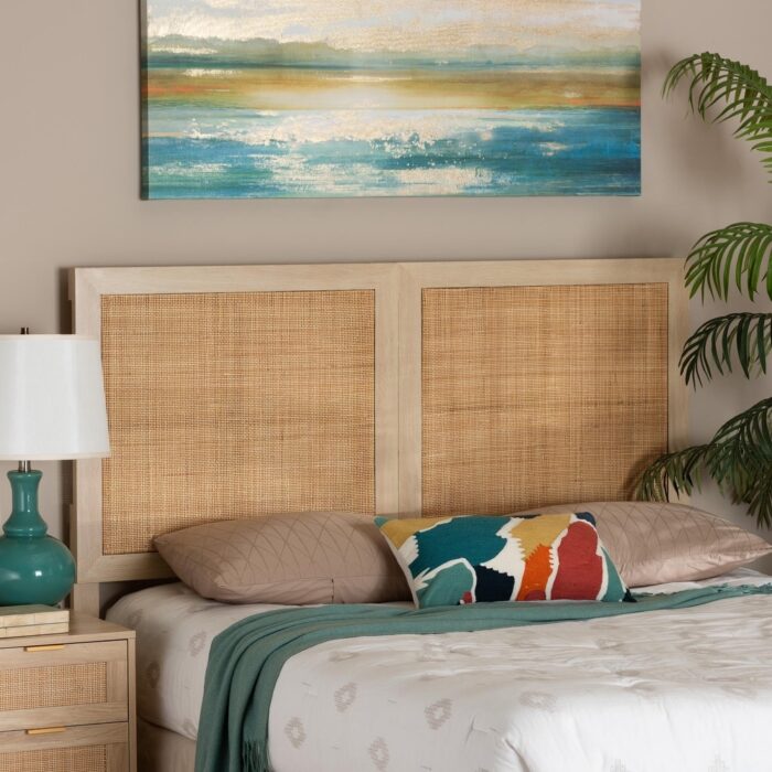 Oline Modern Bohemian Light Brown Finished Wood and Natural Rattan Queen Size Headboard