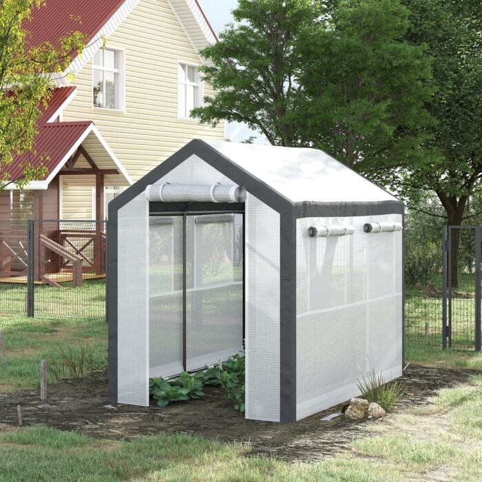 Outsunny 8' L x 6' W x 7.4' H Outdoor Walk-In Tunnel Greenhouse with Roll-up Windows, 2 Zippered Doors, & Weather Cover