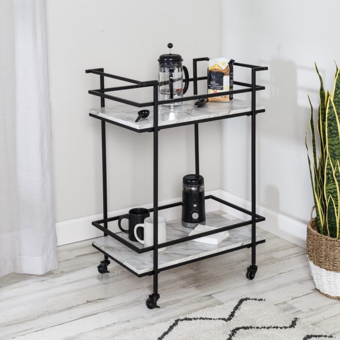 Black and White Faux Marble 2-Tier Bar and Serving Cart - Image 2