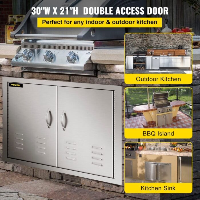 VEVOR Outdoor Kitchen Access Doors 30W x 21H Inch 304 Stainless Steel Double Doors with Vents BBQ Access Door - 30W x 21H Inch - Image 2