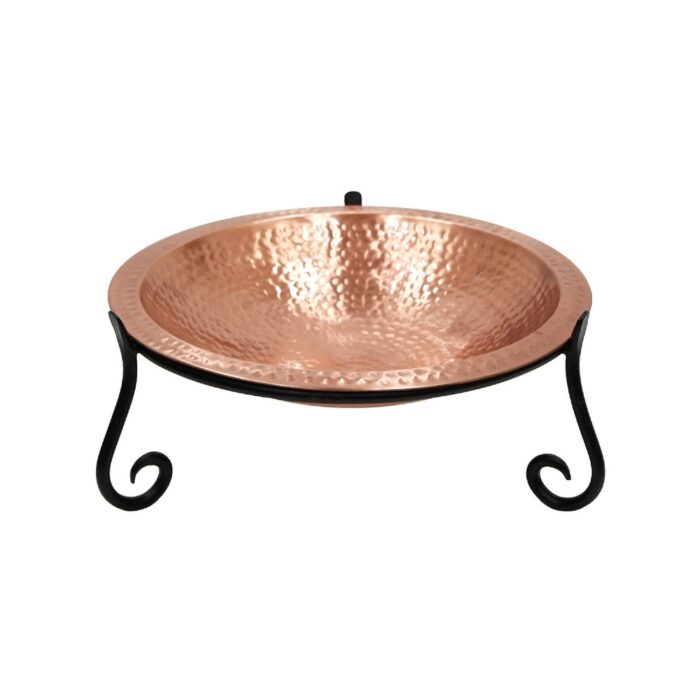 Achla Designs 14" W Round Satin Hammered Solid Copper Birdbath Bowl w/Black Wrought Iron Short Stand