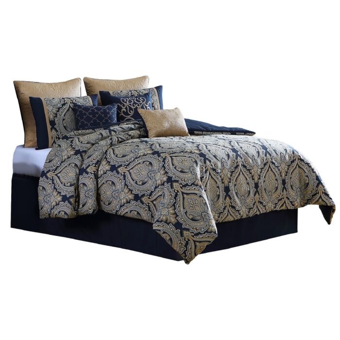 Nova 10 Piece Polyester King Comforter Set, Gold Damask Print, Navy Blue - Image 2